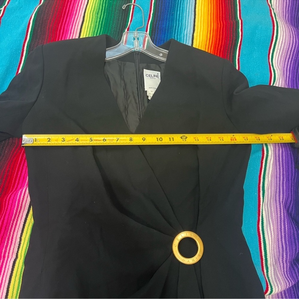Rare VNTG Celine Black wool Blazer‎ Faux Wrap Dress L Statement Celine logo 38 - Picture 11 of 12